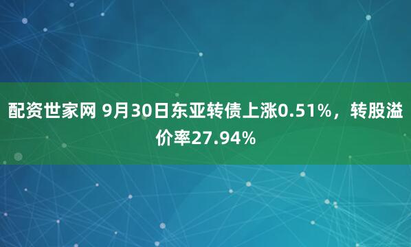 配资世家网 9月30日东亚转债上涨0.51%，转股溢价率27.94%